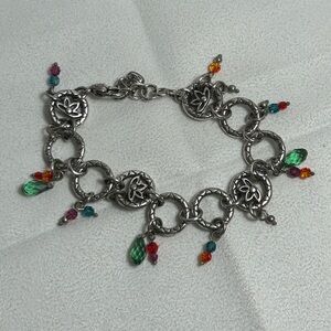 Brighton Lotus Charm Bracelet Multi-color Beads Round Link Chain Silver Plated